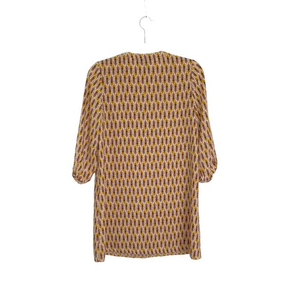 H&M Womens Dress Size 8 Short Shift Mustard Abstract 3/4 Sleeve Ruffle Pockets - Picture 4 of 14